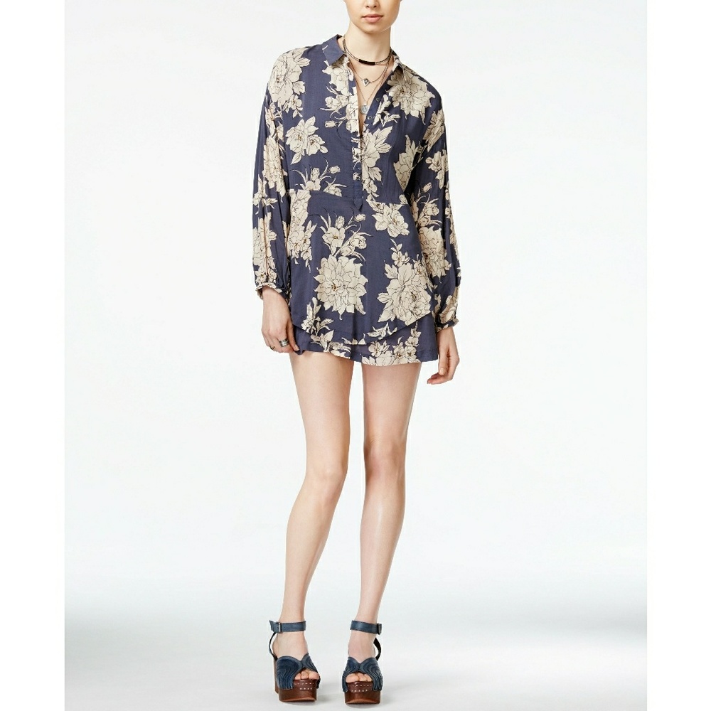 New Free People Floral Double-hem Mini Shirt Dress - Picture 5 of 6